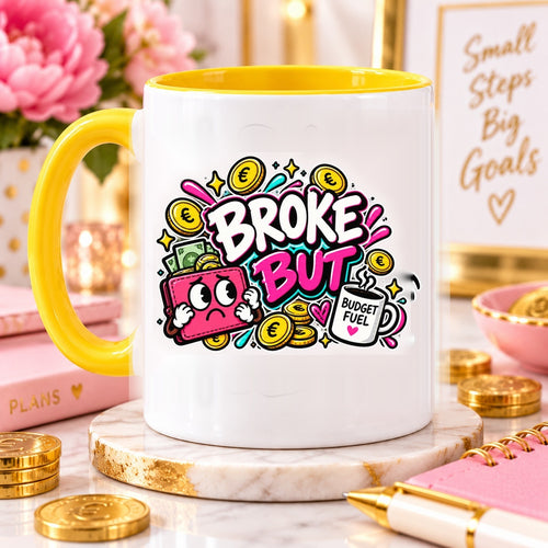 Close-up of Broke But artwork on OFBS yellow-trim mug