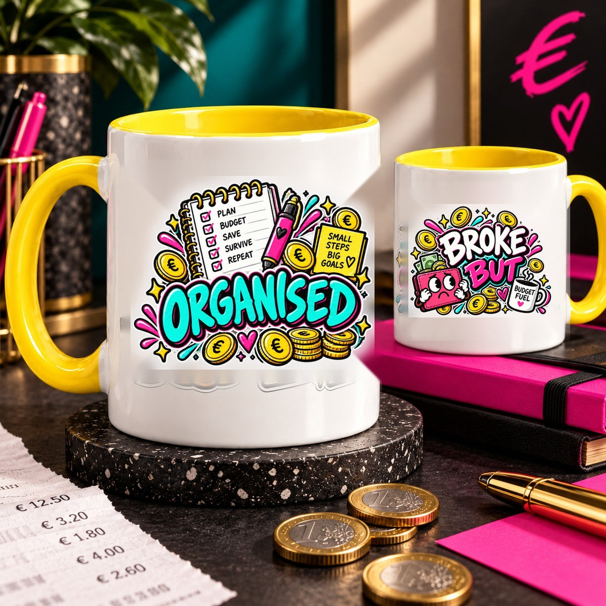 Editorial lifestyle image of Broke But Organised OFBS yellow-trim mug with bold money styling