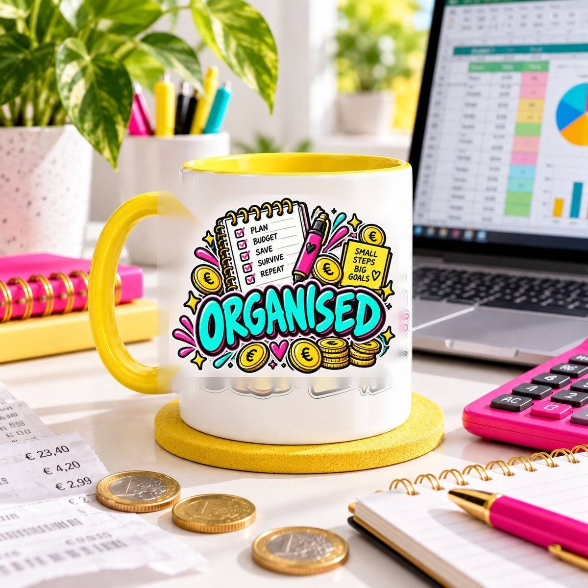 Broke But Organised OFBS mug in a bright budgeting desk lifestyle scene