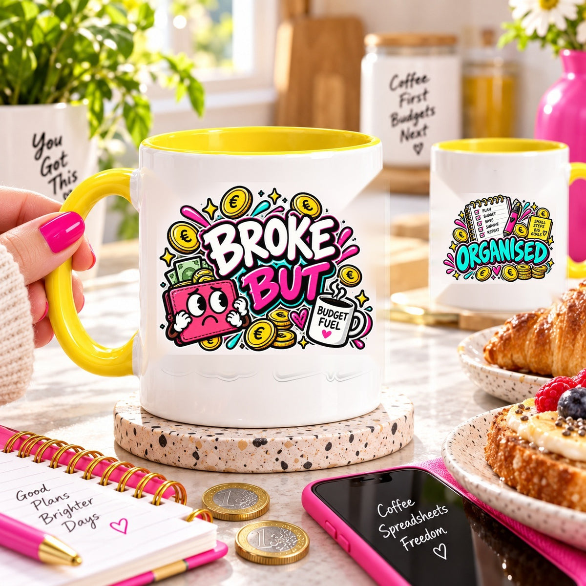 Broke But Organised OFBS mug in a playful morning coffee lifestyle scene