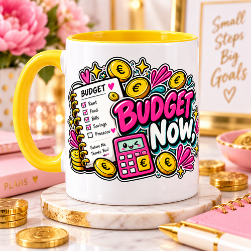 Close-up of Budget Now OFBS mug artwork with yellow handle and yellow interior