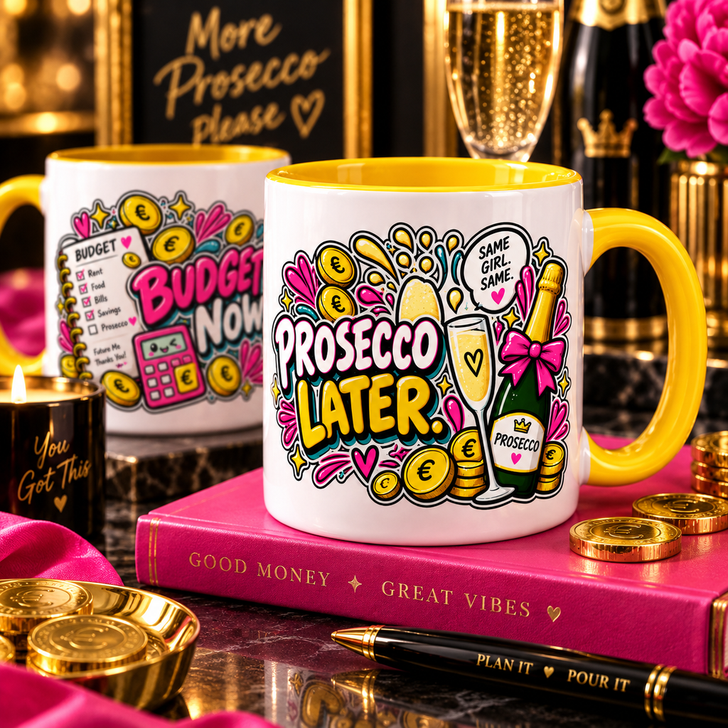 Editorial lifestyle image of Prosecco Later OFBS yellow-trim mug with pink and gold styling