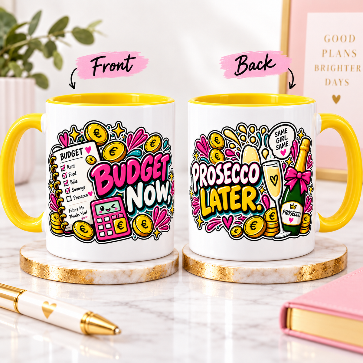Front and back product views of Budget Now, Prosecco Later OFBS yellow-trim mug