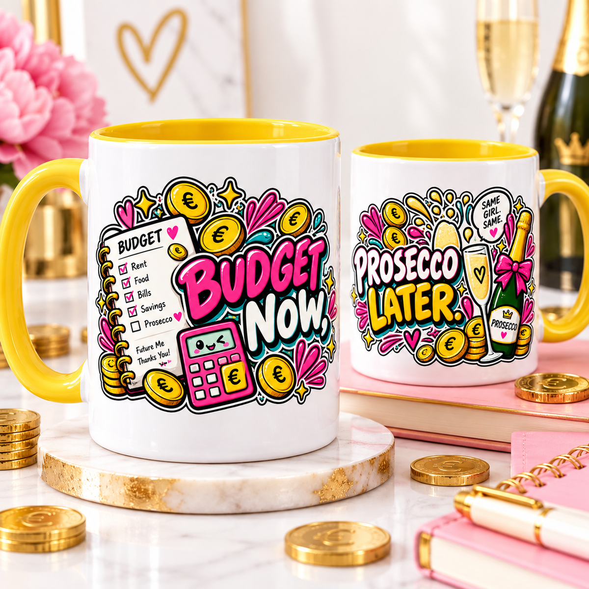 Budget Now, Prosecco Later OFBS mug hero showing both front and back designs with yellow trim