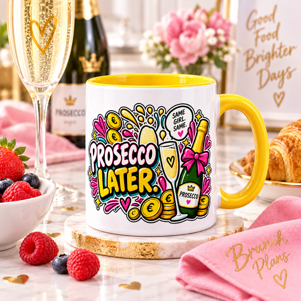 Prosecco Later OFBS mug in a bright brunch lifestyle scene with yellow trim