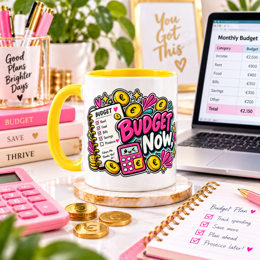 Budget Now OFBS mug in a bright budgeting desk lifestyle scene with calculator and monthly budget