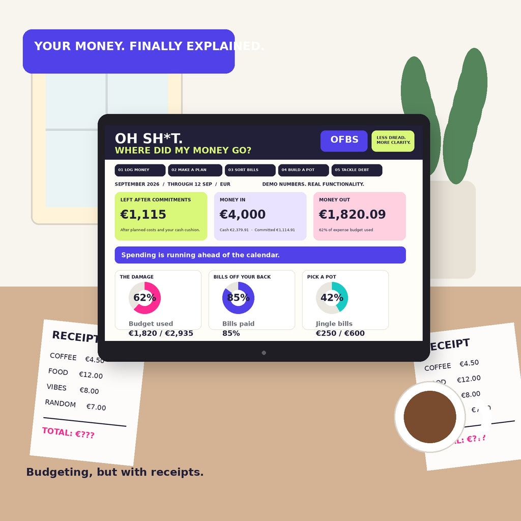 OFBS budget spreadsheet displayed on a laptop in a real-life budgeting desk scene with receipts and coffee