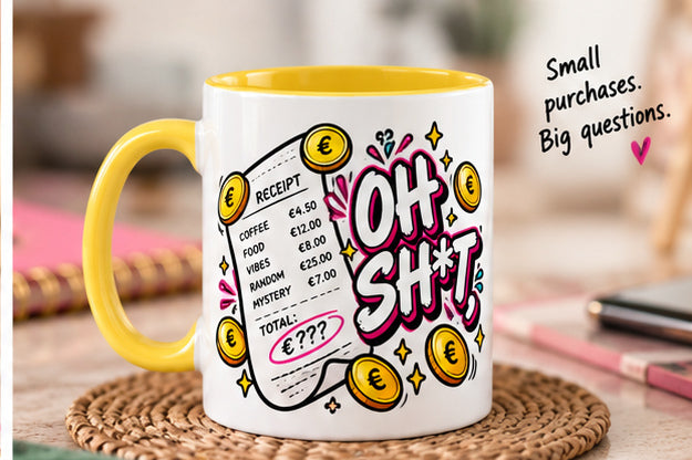 Close-up of Oh Sh*t artwork on OFBS yellow-trim mug