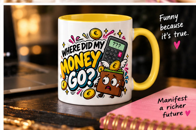 Editorial lifestyle image of Where Did My Money Go OFBS yellow-trim mug