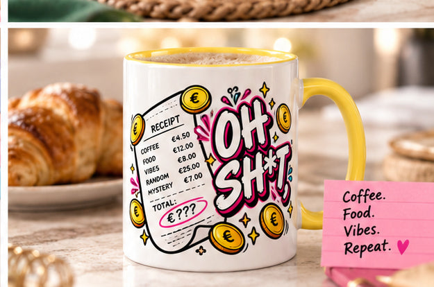 Oh Sh*t OFBS mug in a bright morning lifestyle scene with yellow trim