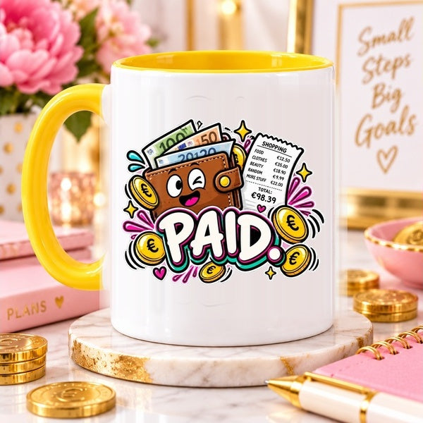 Close-up of Paid side artwork on OFBS yellow-trim mug