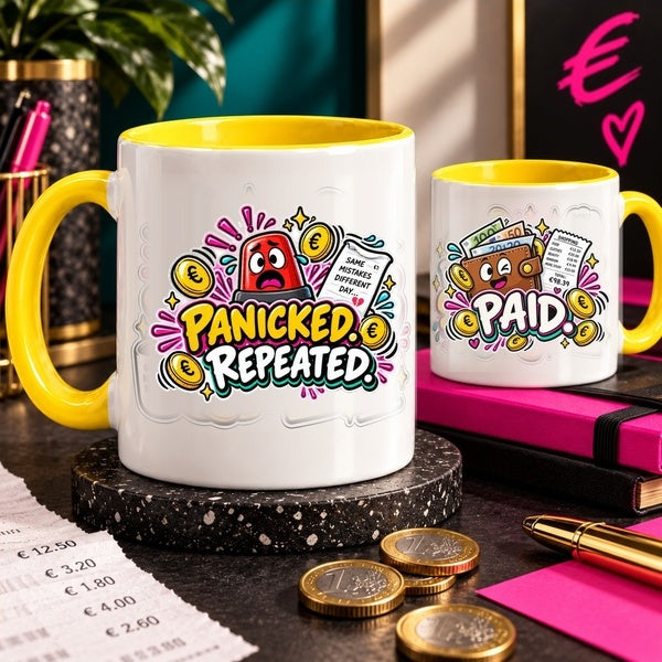 Editorial lifestyle image of Panicked. Repeated. OFBS yellow-trim mug with bold payday styling