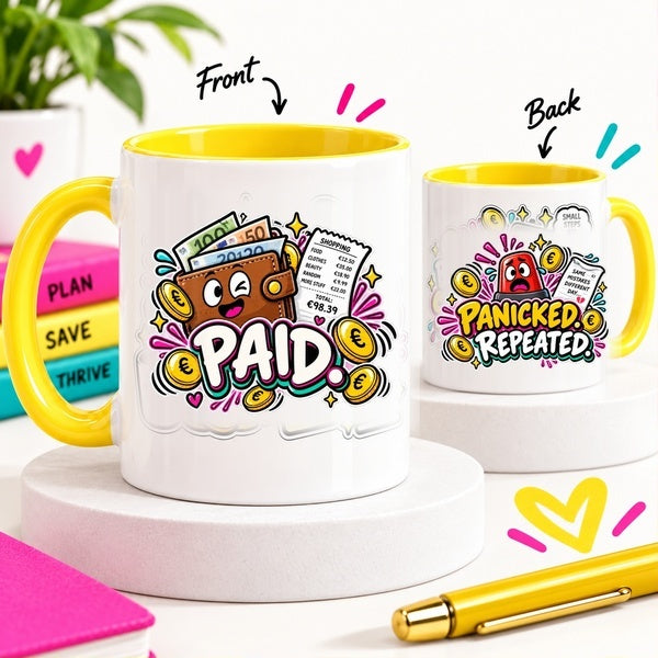 Paid. Panicked. Repeated. OFBS mug hero showing front and back yellow-trim designs