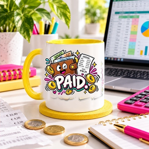 Paid. Panicked. Repeated. OFBS mug in a bright budgeting desk lifestyle scene