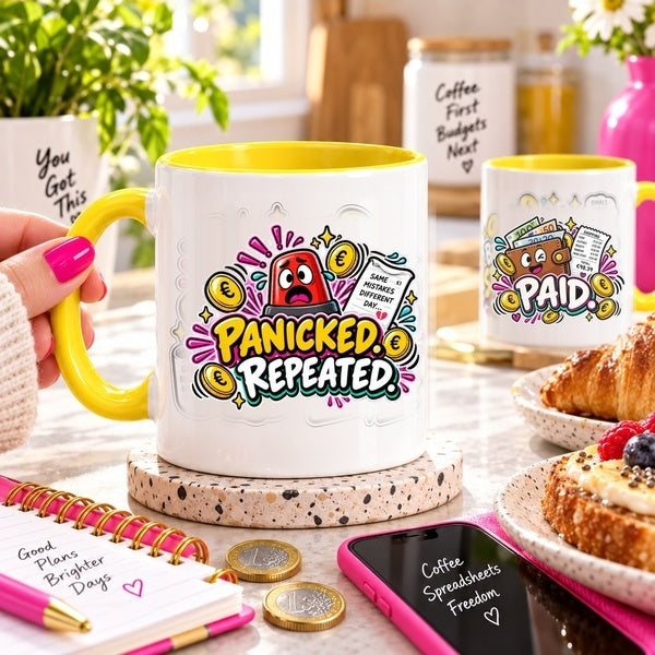 Panicked. Repeated. OFBS mug in a payday chaos lifestyle scene