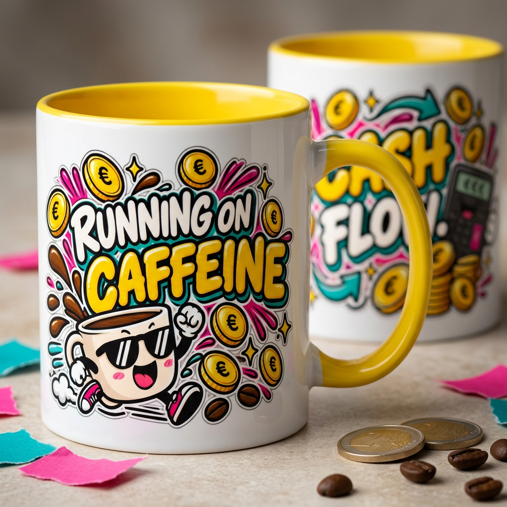 Close-up of Running on Caffeine OFBS yellow-handle mug showing print detail and yellow interior