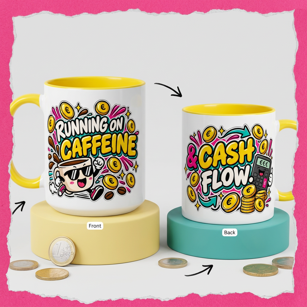 Front and back views of Running on Caffeine & Cash Flow OFBS yellow-trim mug