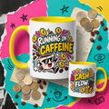 Running on Caffeine & Cash Flow OFBS mug hero image showing front and back yellow-trim mug