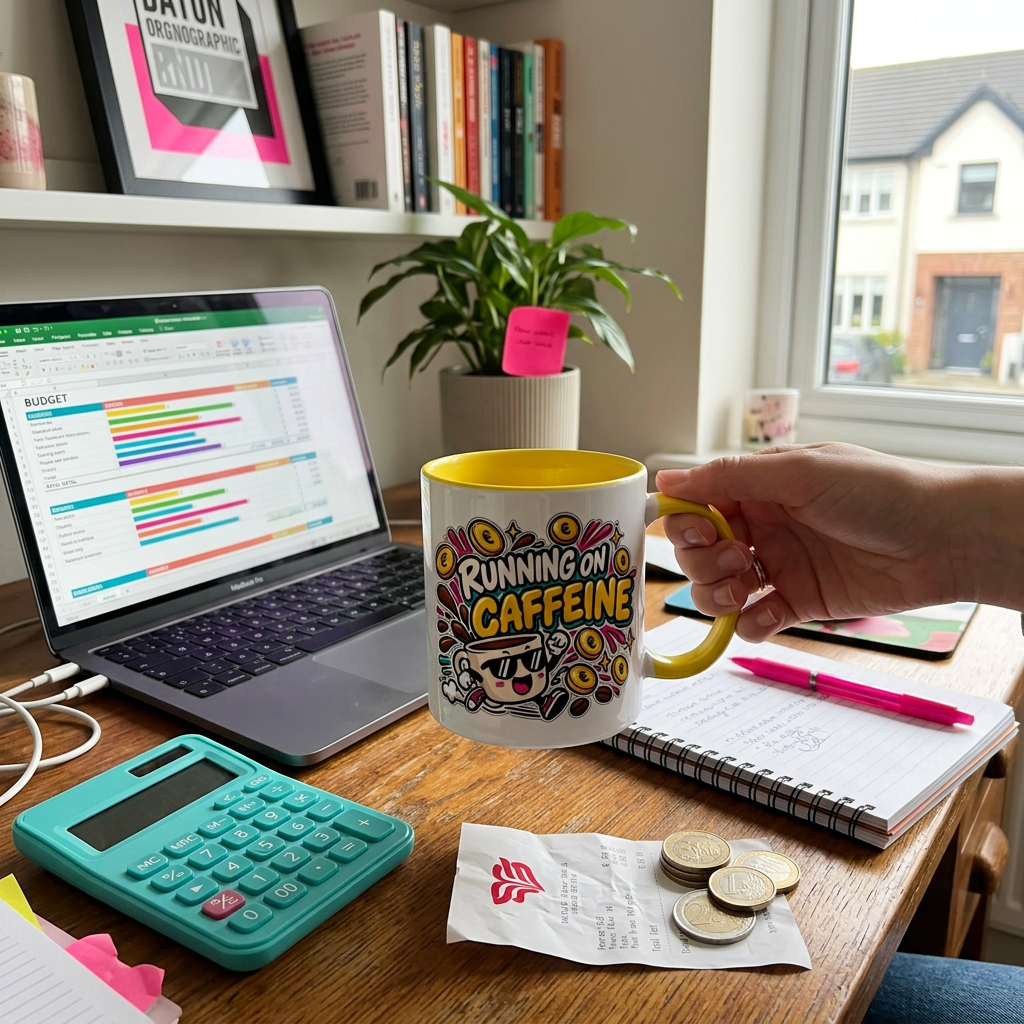 Running on Caffeine OFBS mug lifestyle scene on a budgeting desk with yellow handle and interior