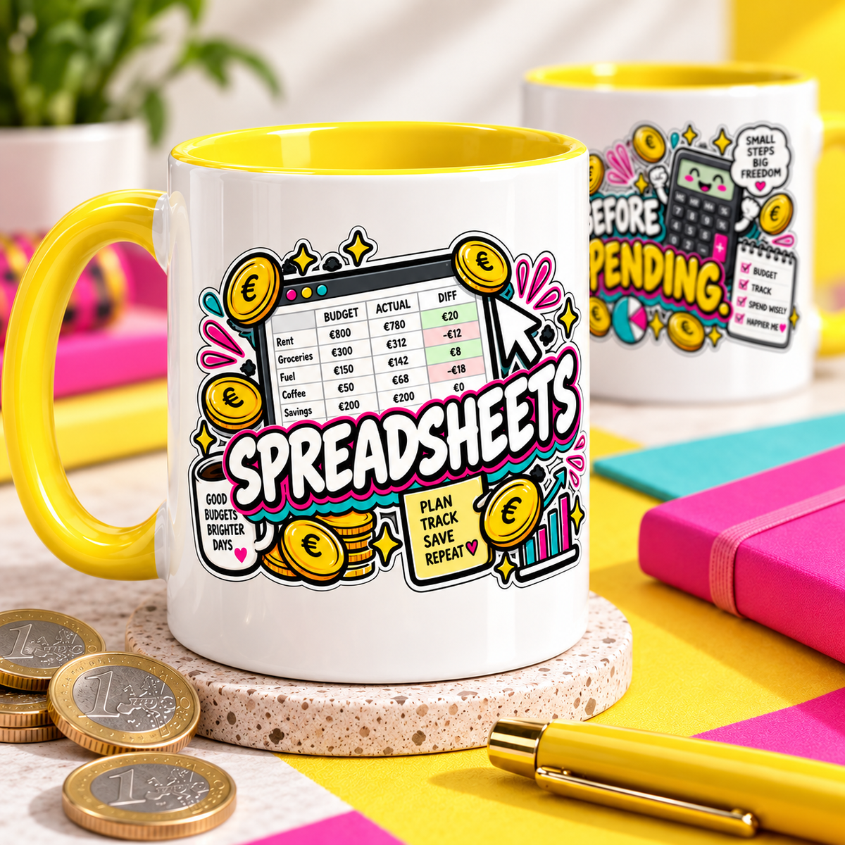 Close-up of Spreadsheets Before Spending OFBS mug showing spreadsheet artwork and yellow trim
