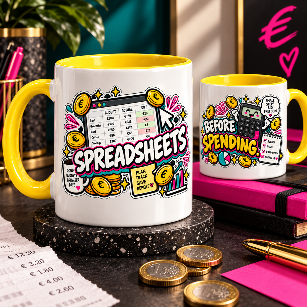 Editorial campaign image for Spreadsheets Before Spending OFBS yellow-trim mug