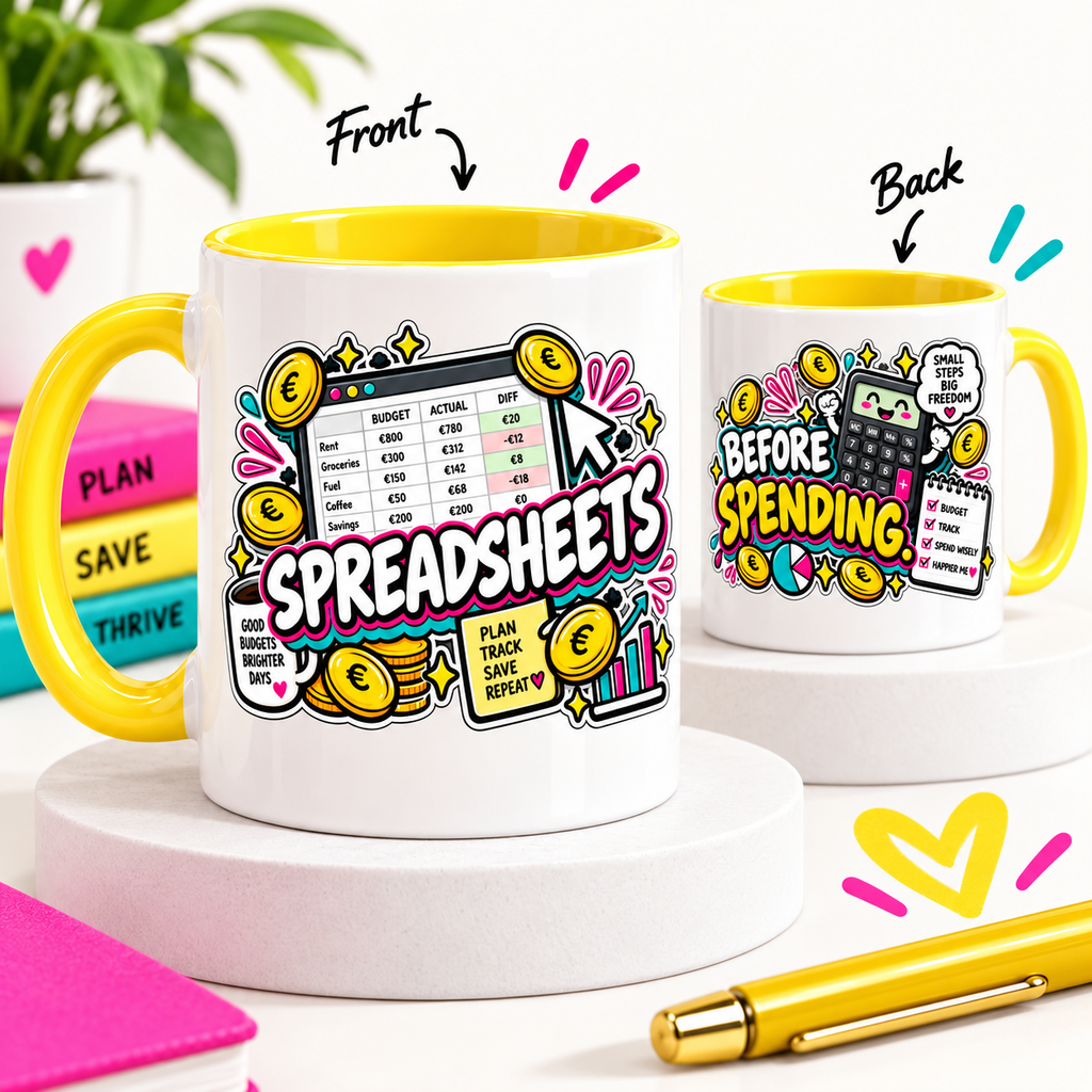 Front and back product views of Spreadsheets Before Spending OFBS yellow-trim mug