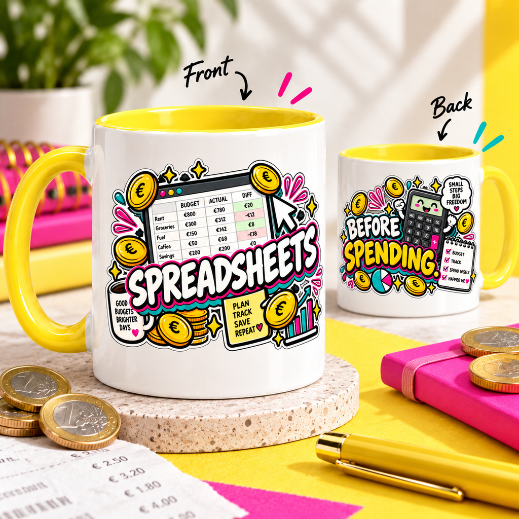Spreadsheets Before Spending OFBS mug hero showing front and back yellow-trim mug