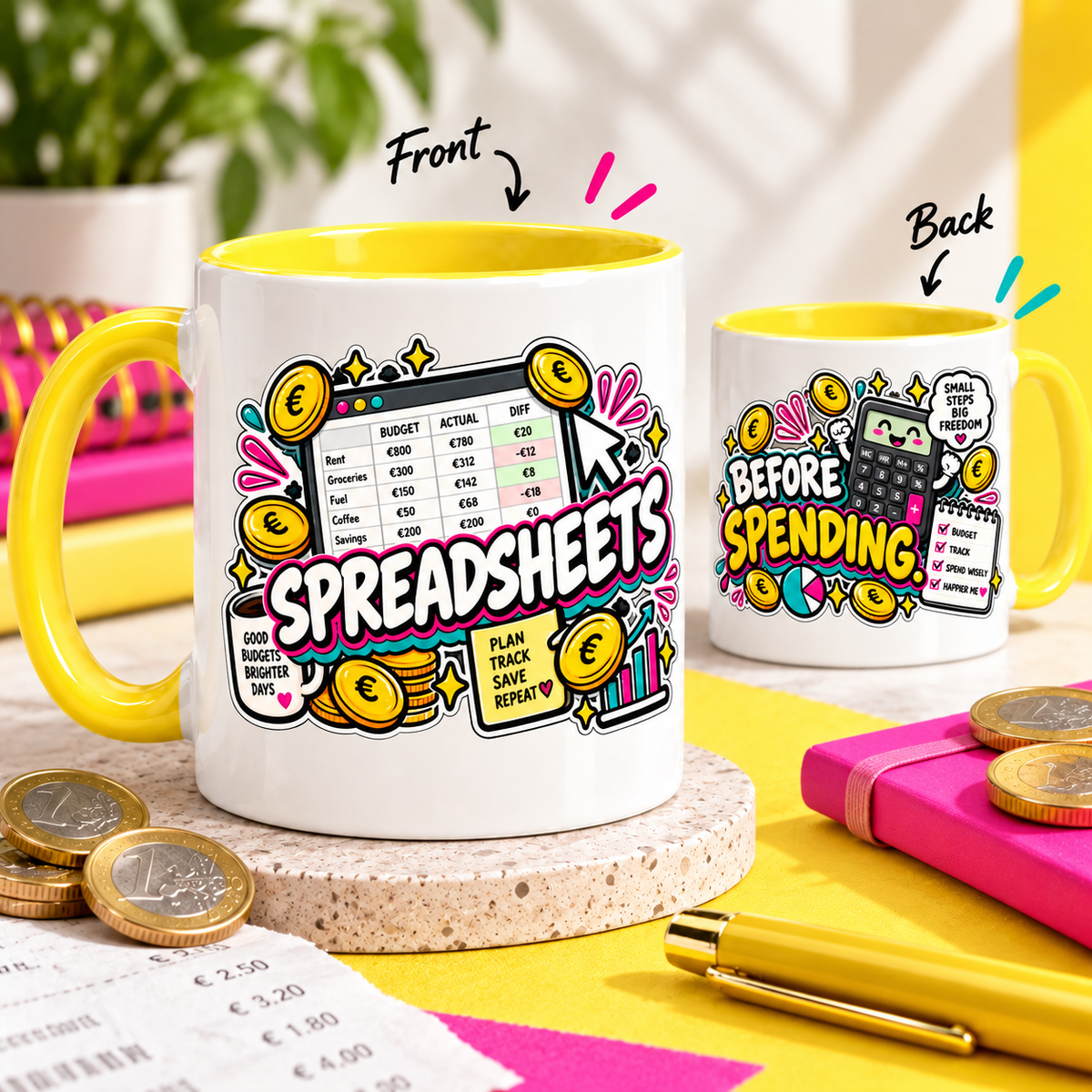 Spreadsheets Before Spending OFBS mug hero showing front and back yellow-trim mug