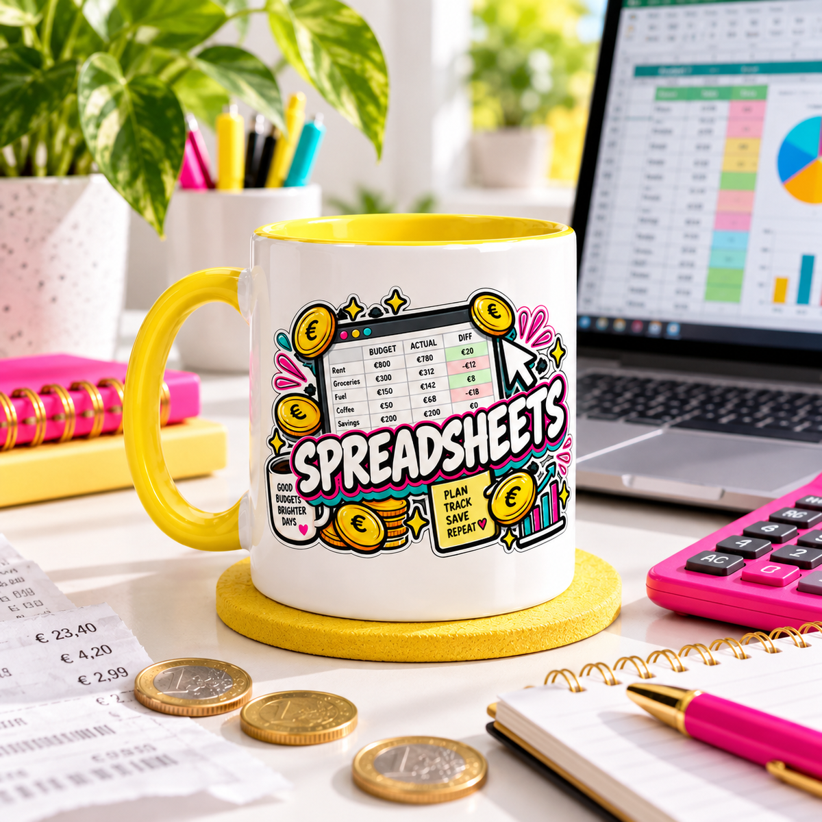 Spreadsheets Before Spending OFBS mug on a bright budgeting desk with spreadsheet and euro coins