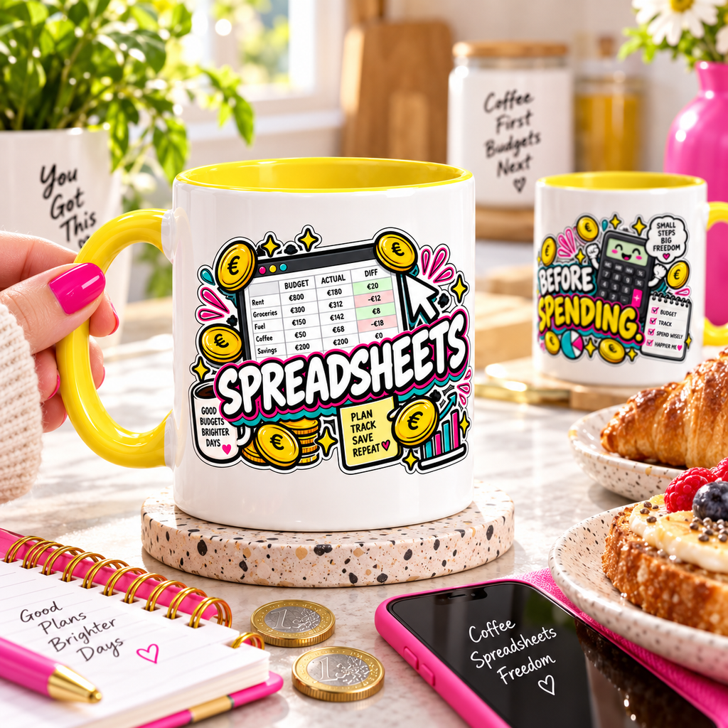 Spreadsheets Before Spending OFBS yellow-trim mug in a bright kitchen breakfast lifestyle scene